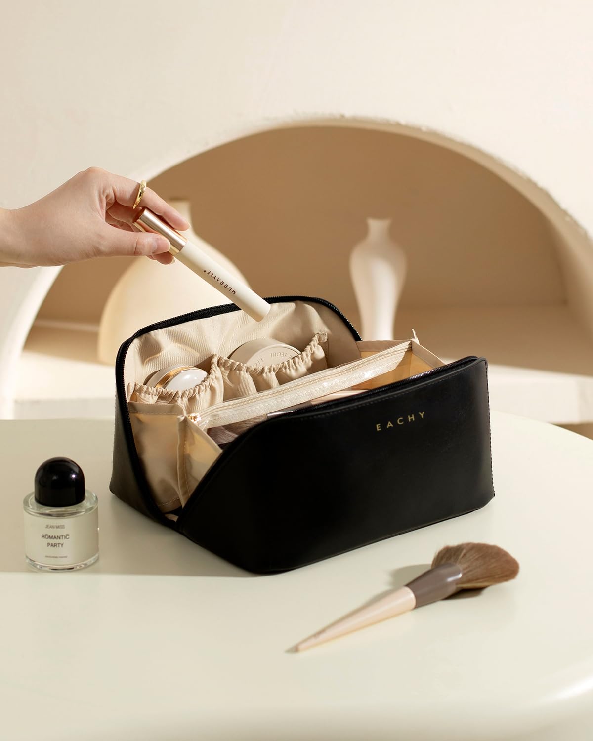 EACHY next to passport to show medium size suitable for carry-on packing