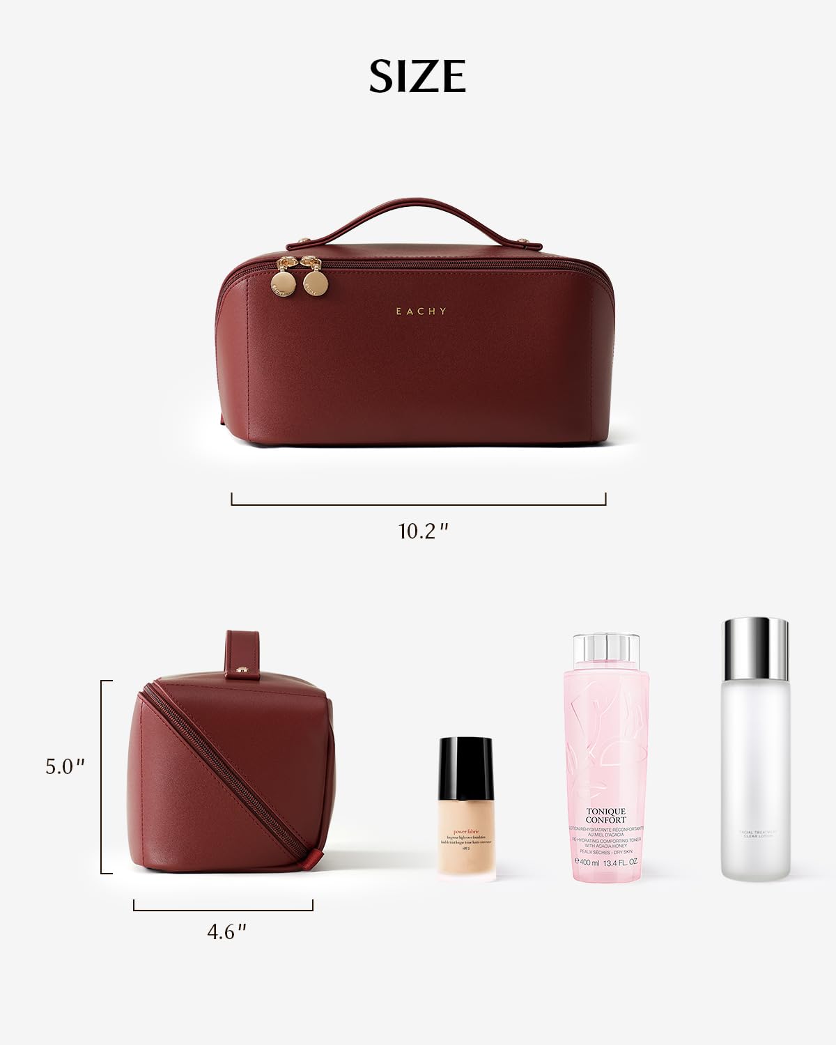 EACHY size comparison with full-size skincare bottles to show generous capacity