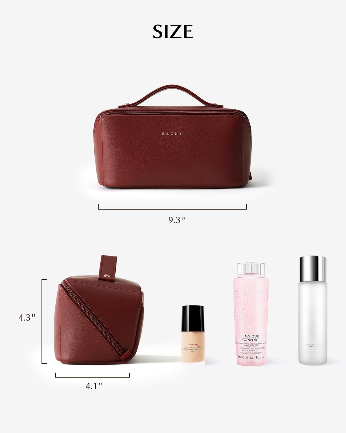 EACHY beside travel bottles for scale showing capacity benefit: fits small toiletries