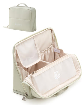 EACHY makeup bag front view showing upright stability and organized compartments