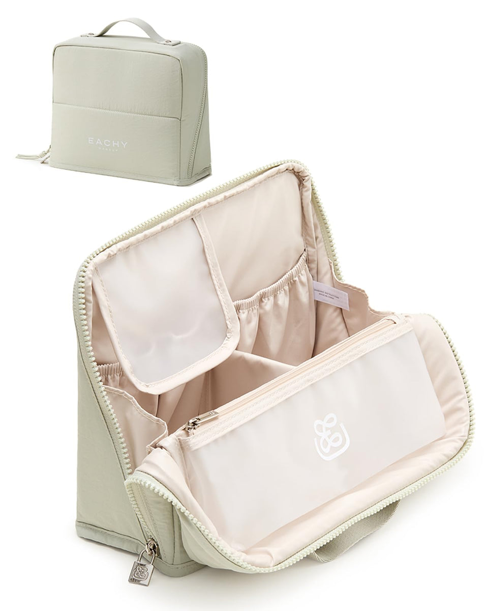 EACHY makeup bag front view showing upright stability and organized compartments