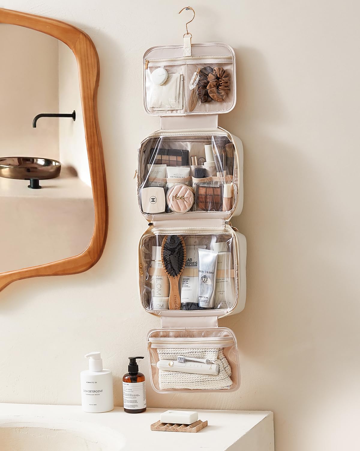 EACHY toiletry bag on bathroom shelf showing countertop-saving benefit