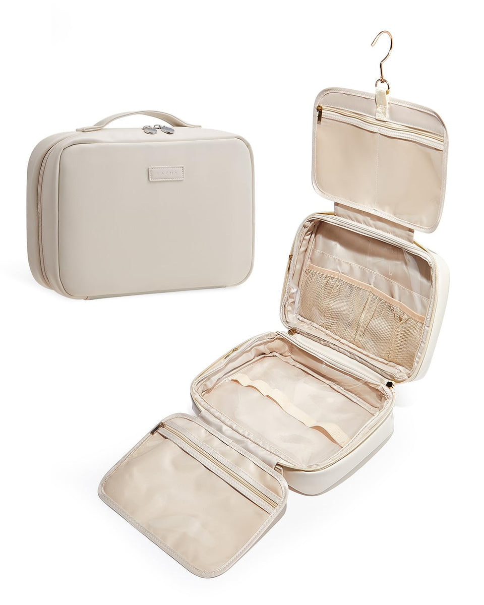 EACHY front view of beige toiletry bag shows compact organization benefit