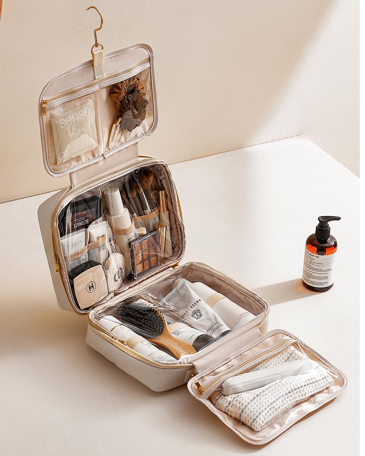 EACHY toiletry bag tucked into suitcase for travel-ready convenience benefit