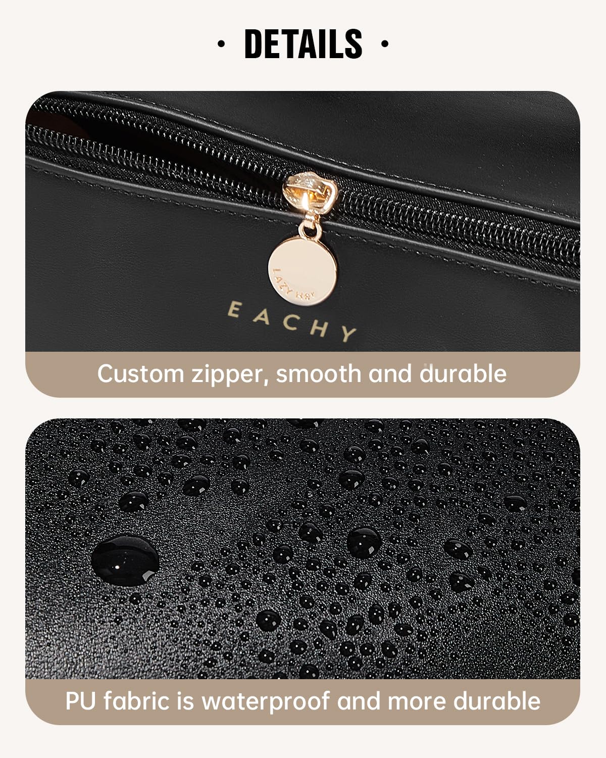 EACHY textured PU exterior close-up demonstrating water-resistant finish