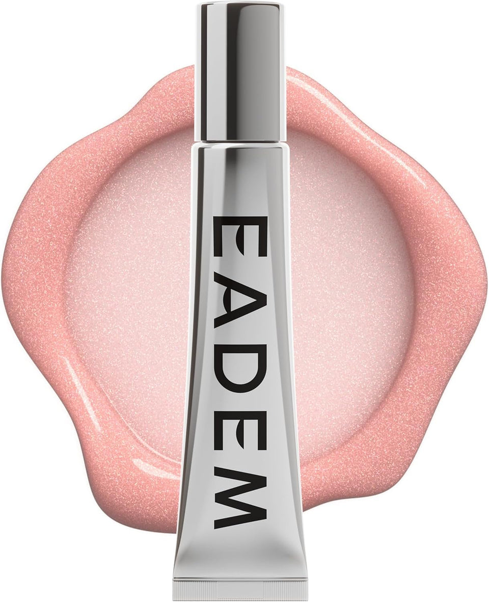 EADEM pot front view showing luxe minimalist packaging and clear gloss benefit