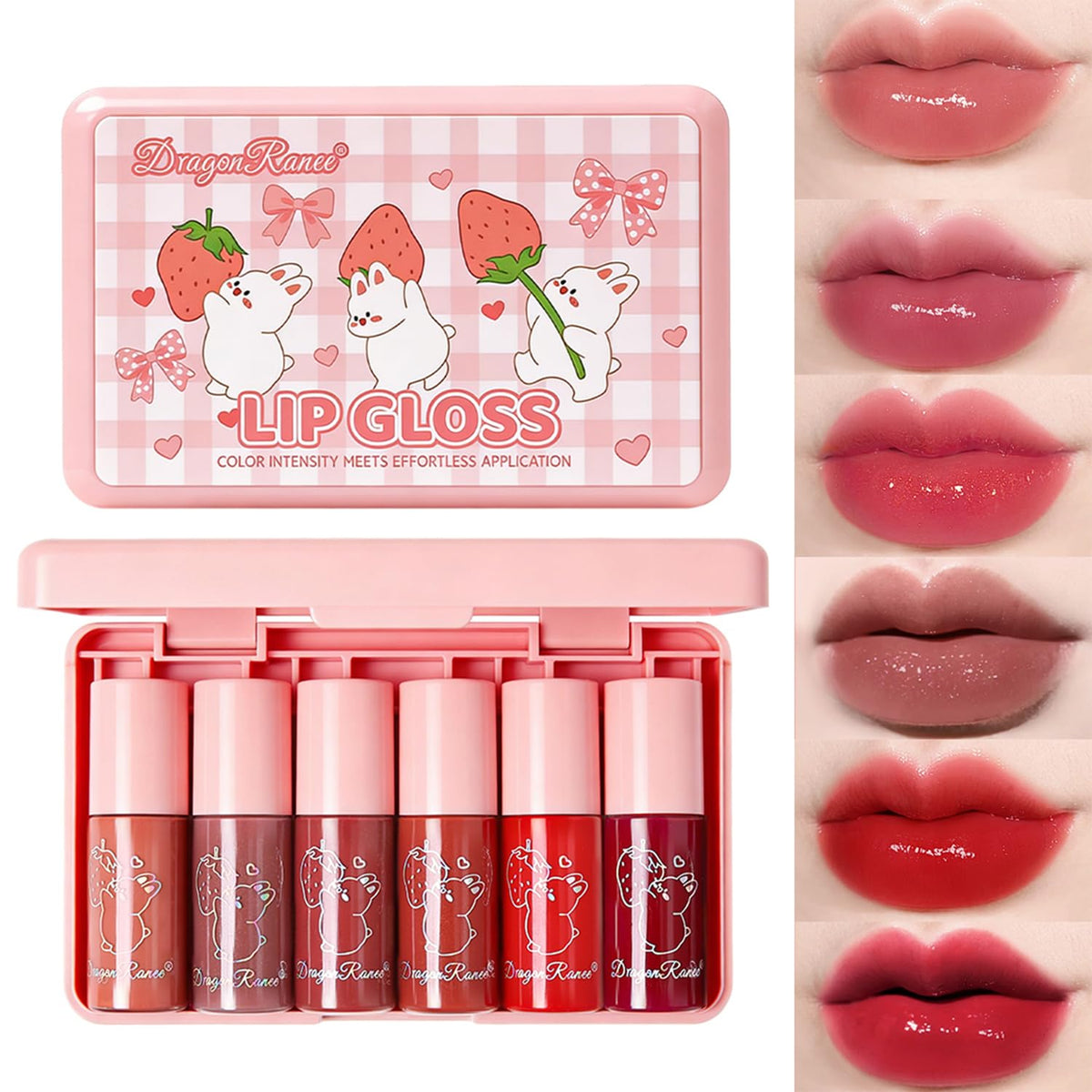 Eakroo front packaging showing six lip glosses, ideal gift presentation