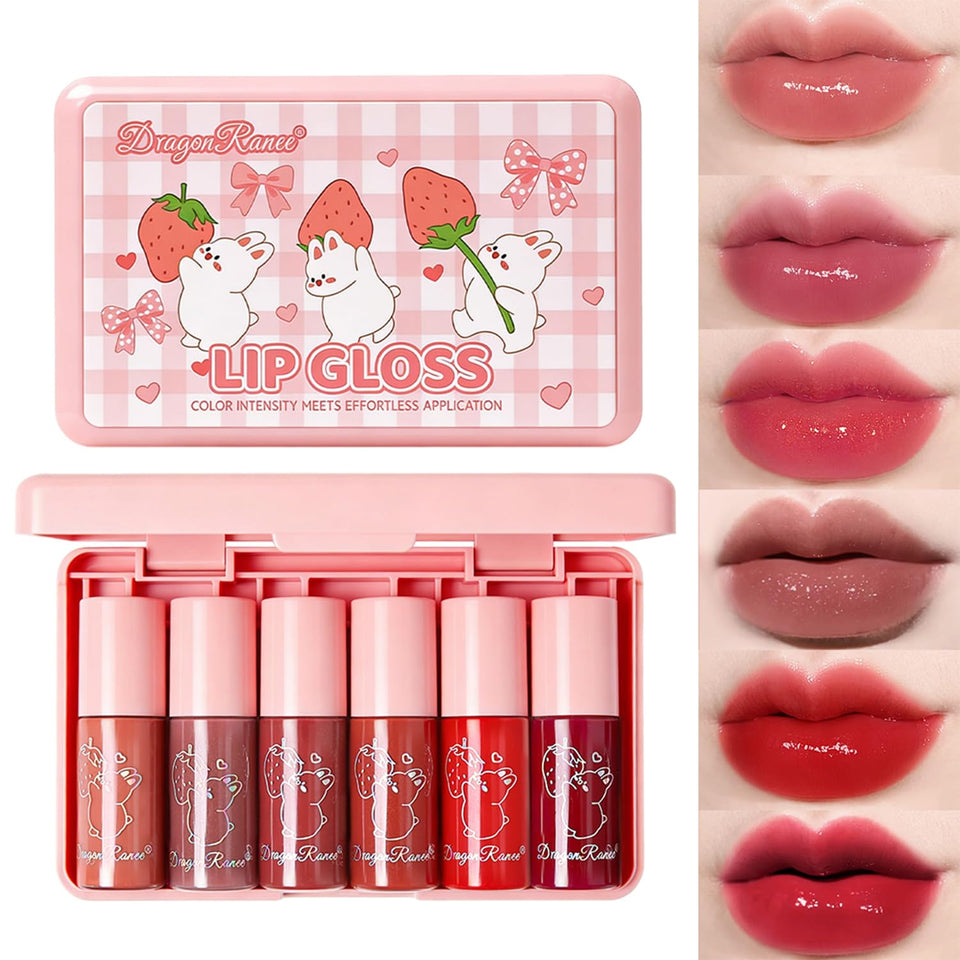 Eakroo front packaging showing six lip glosses, ideal gift presentation
