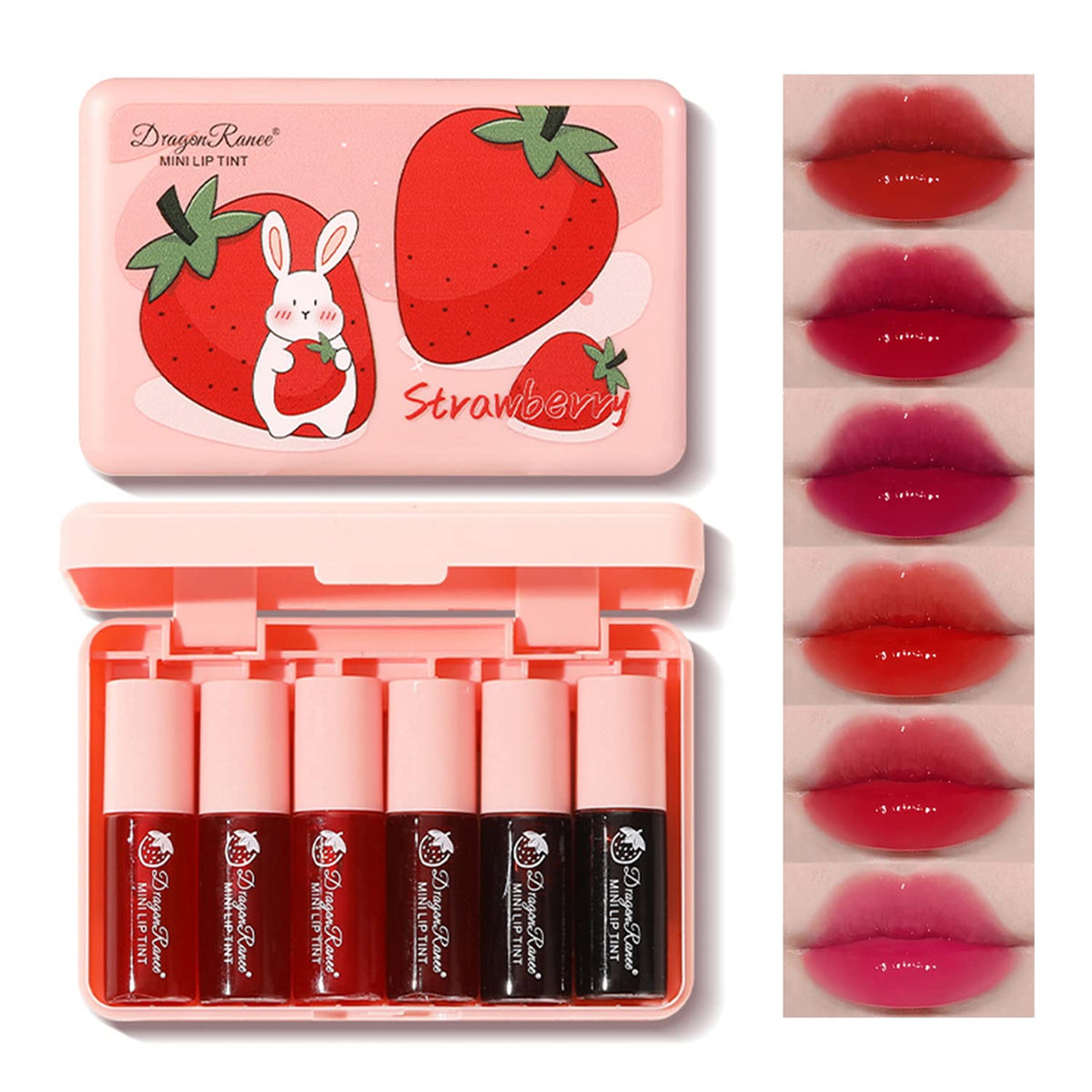 Eakroo front packaging showing six mini liquid lipsticks, easy portability benefit