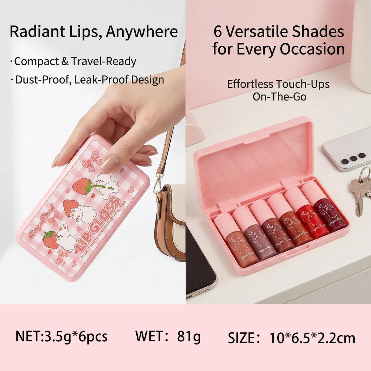 Eakroo glosses inside a purse illustrating on-the-go convenience