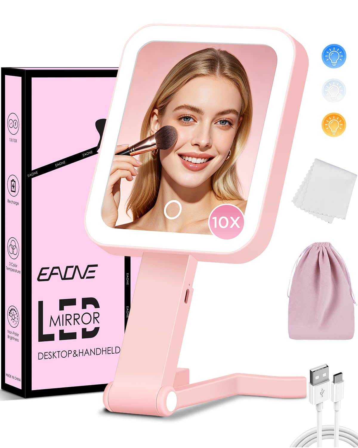 EAONE front view pink mirror showing clean reflection and compact design benefit portability