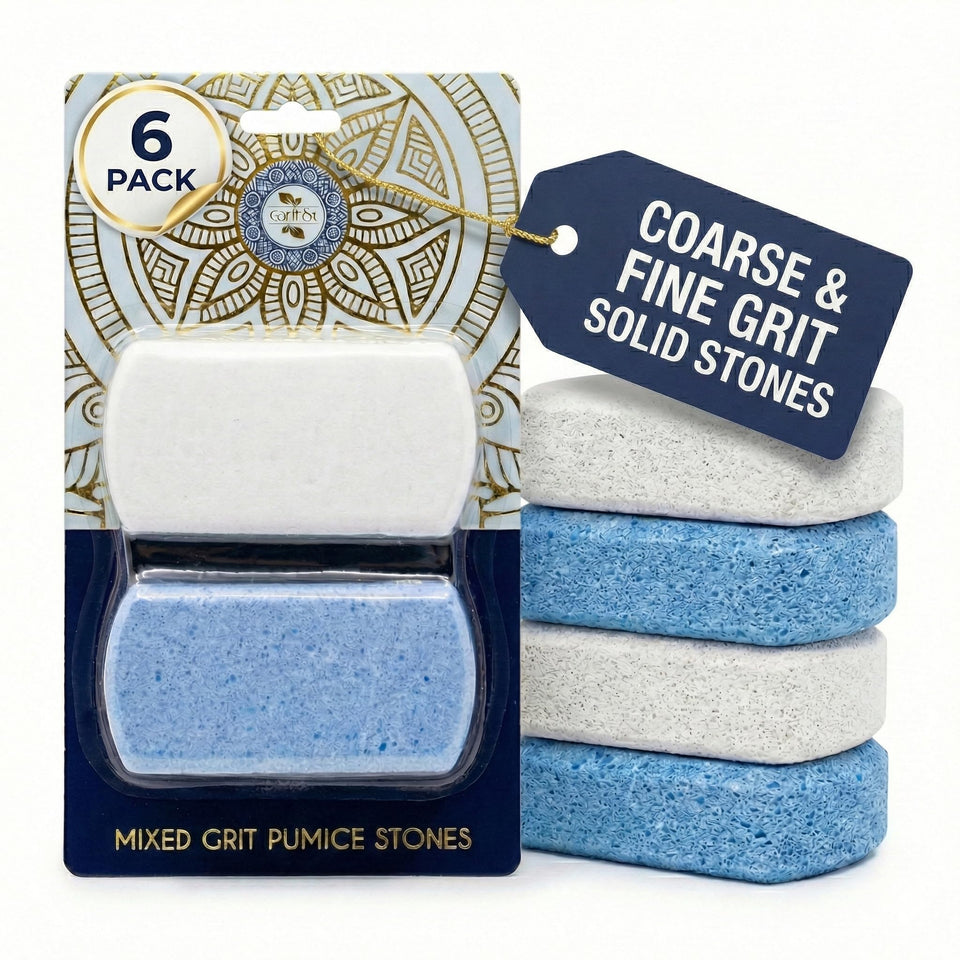 Earth & I front packaging showing six pumice stones and clear benefits