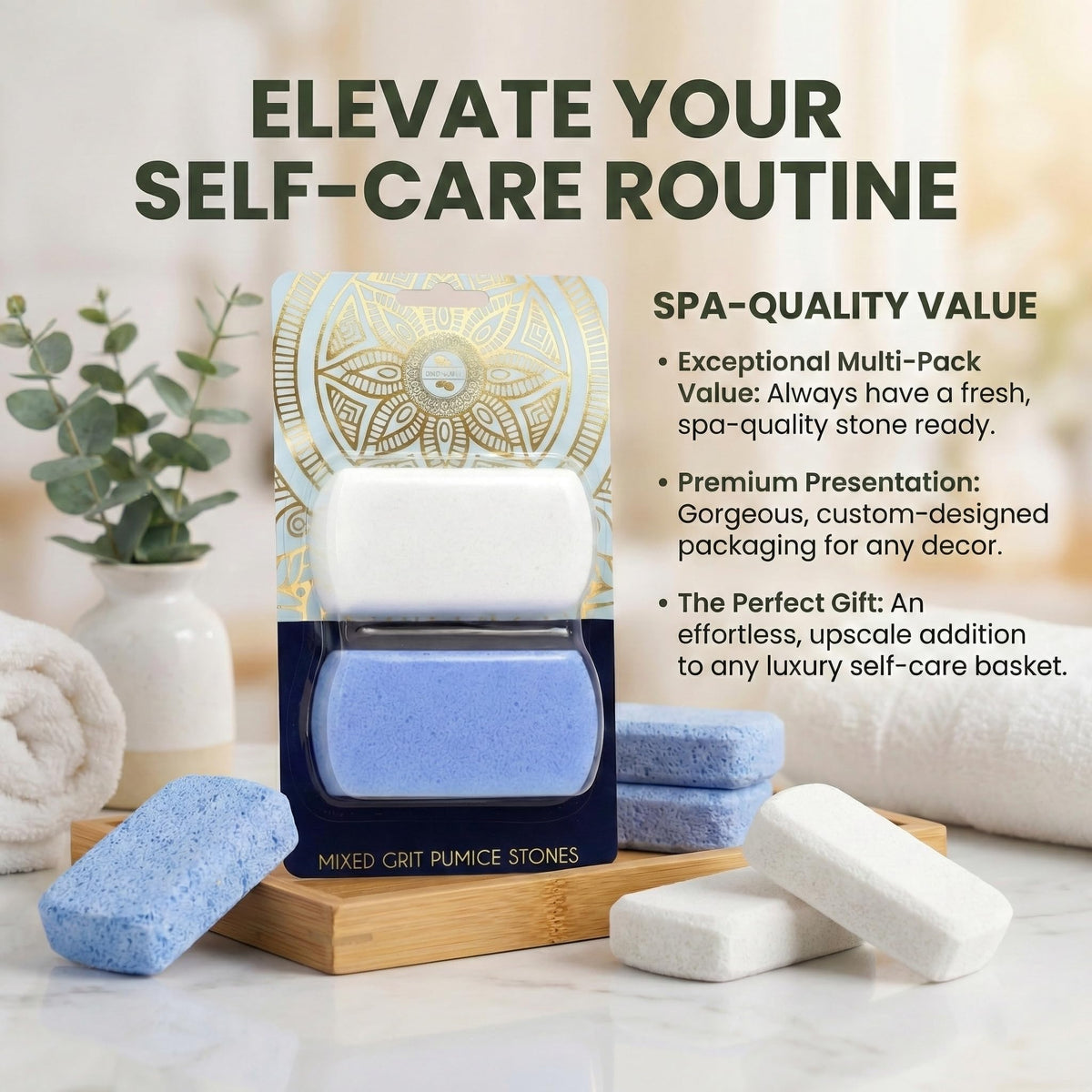 Earth & I lifestyle bathroom setup showing stones ready for at-home spa care