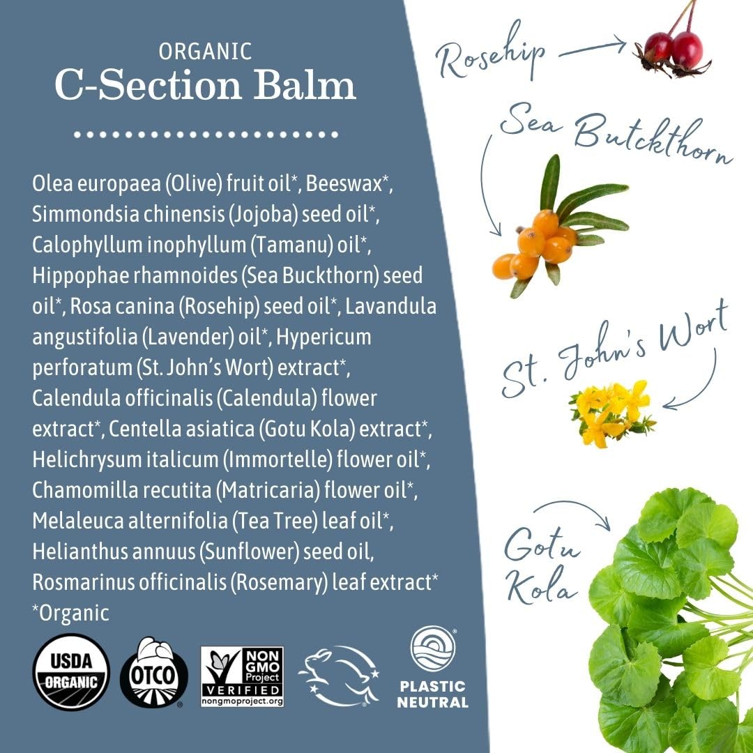 Earth Mama c-section balm applied to hand illustrating gentle massage and comfort