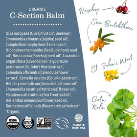 Earth Mama c-section balm applied to hand illustrating gentle massage and comfort