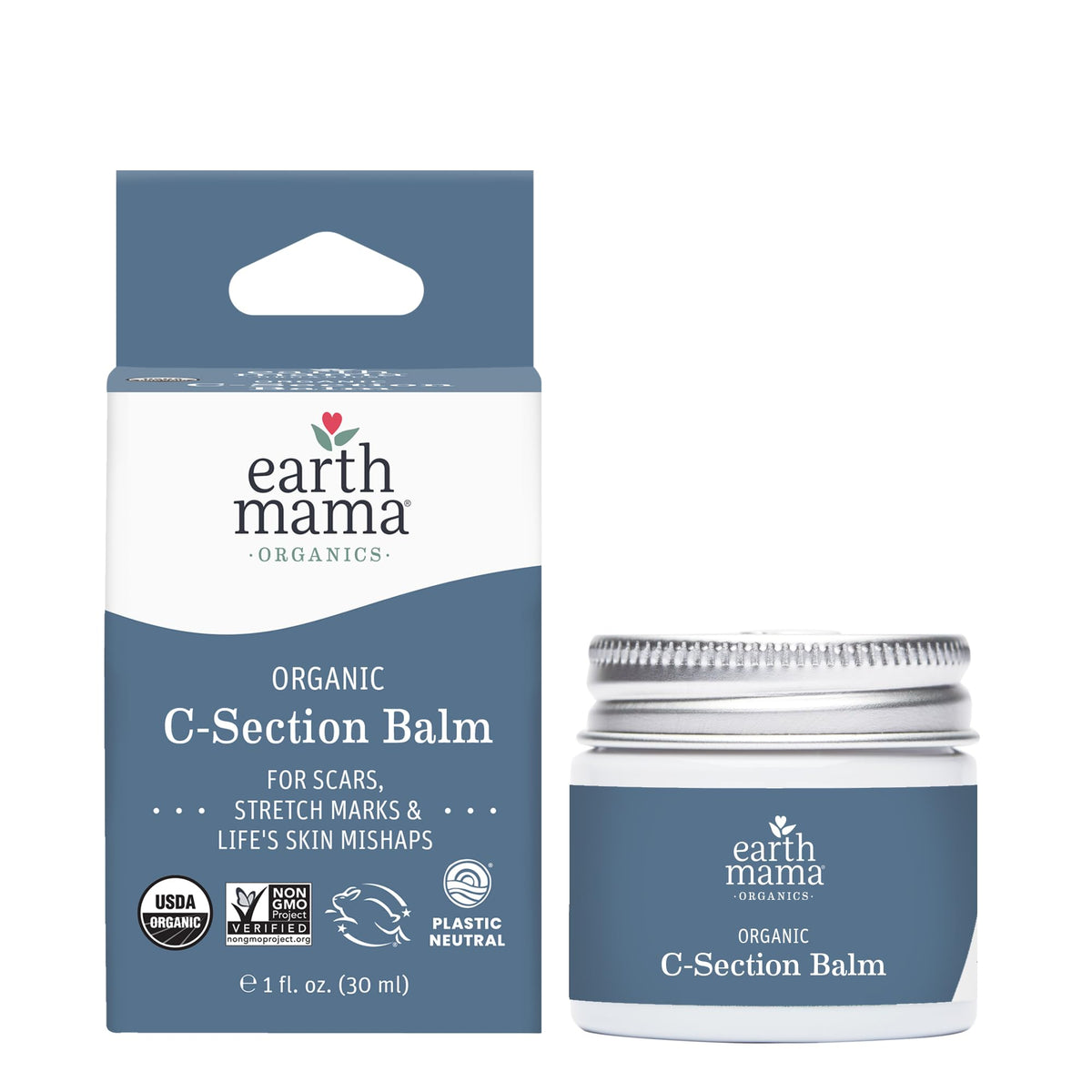 Earth Mama c-section balm front jar showing label and compact size for easy use
