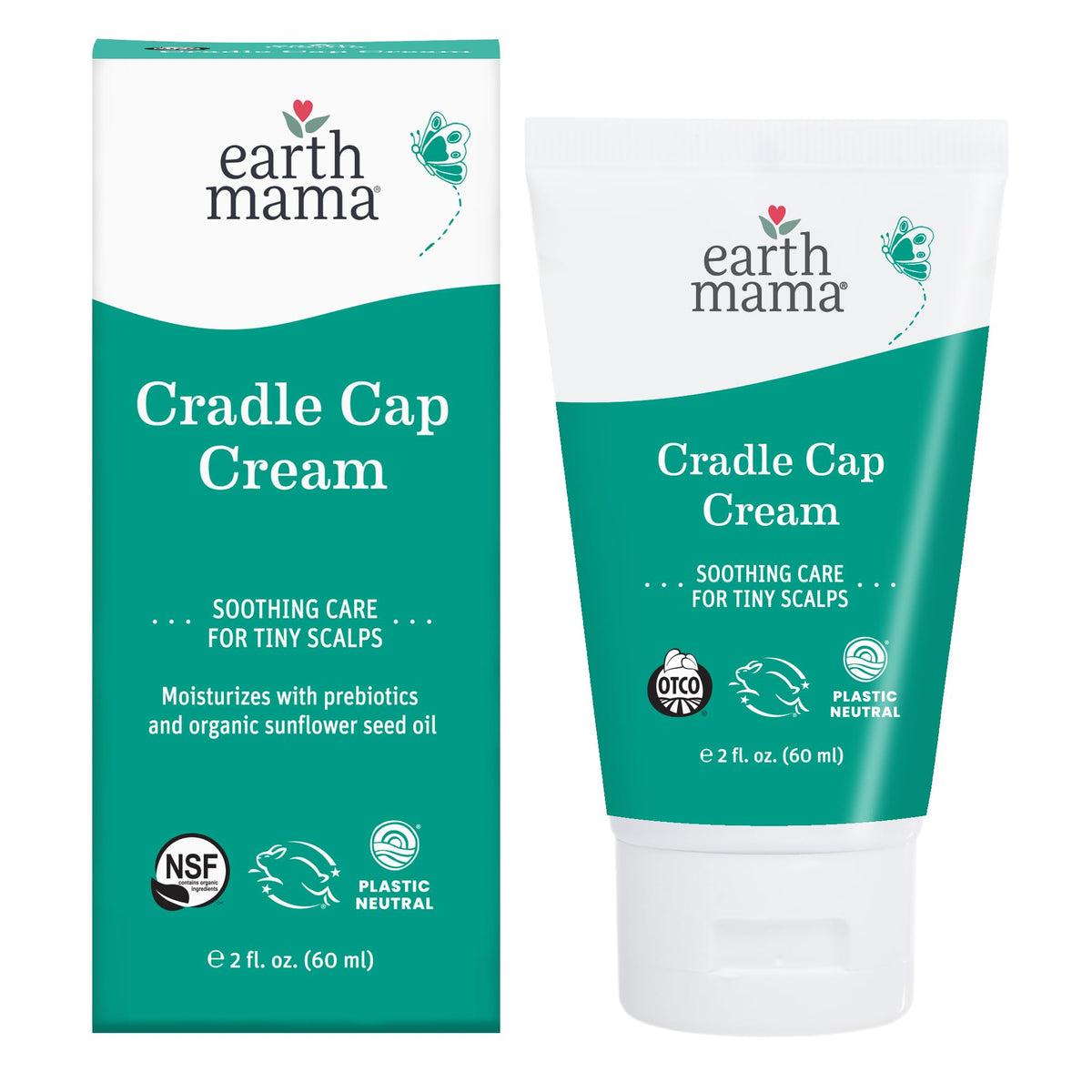Earth Mama cradle cap cream front packaging showing bottle benefit gentle care