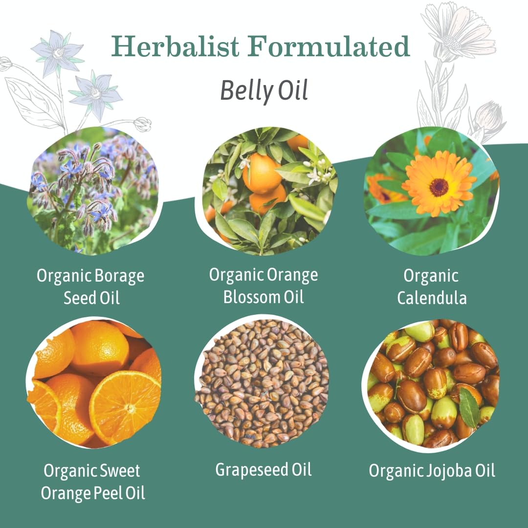 Earth Mama Belly Oil dispensed on hand illustrating smooth glide for pregnancy massage