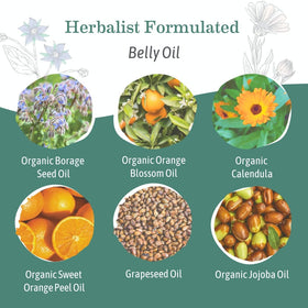 Earth Mama Belly Oil dispensed on hand illustrating smooth glide for pregnancy massage