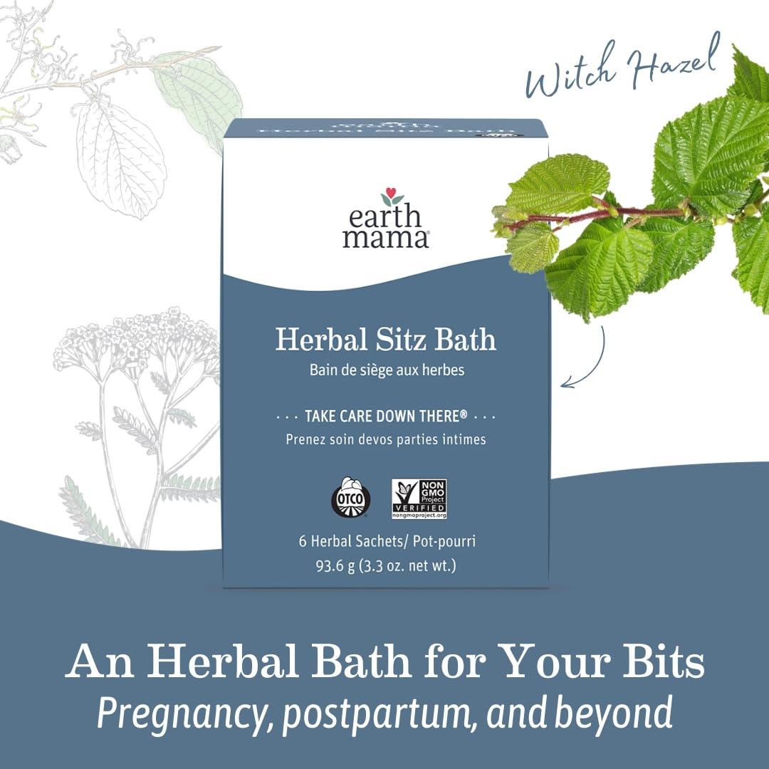 Earth Mama sachets staged in a relaxed bathroom scene highlighting postpartum comfort benefit