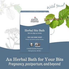 Earth Mama sachets staged in a relaxed bathroom scene highlighting postpartum comfort benefit