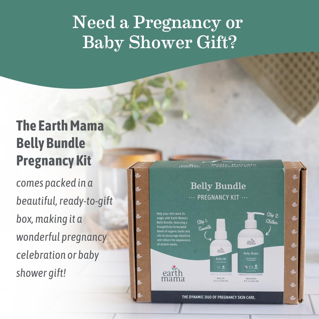 Person massaging belly with Earth Mama oil and butter showing soothing hydration benefit