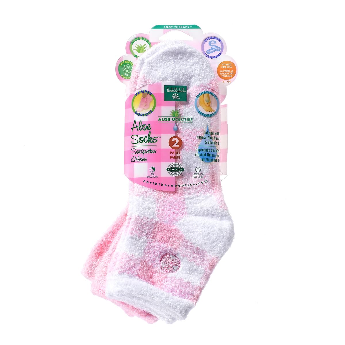 Earth Therapeutics aloe socks front packaging showing pink plaid and double pack benefit