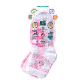 Earth Therapeutics aloe socks front packaging showing pink plaid and double pack benefit