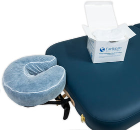 EarthLite cover fitted on massage table face cradle demonstrating quick use