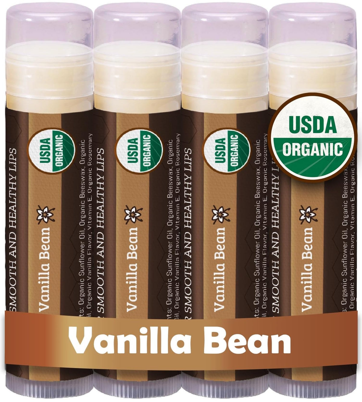 Earth's Daughter front pack showing four vanilla lip balm tubes and organic label benefit