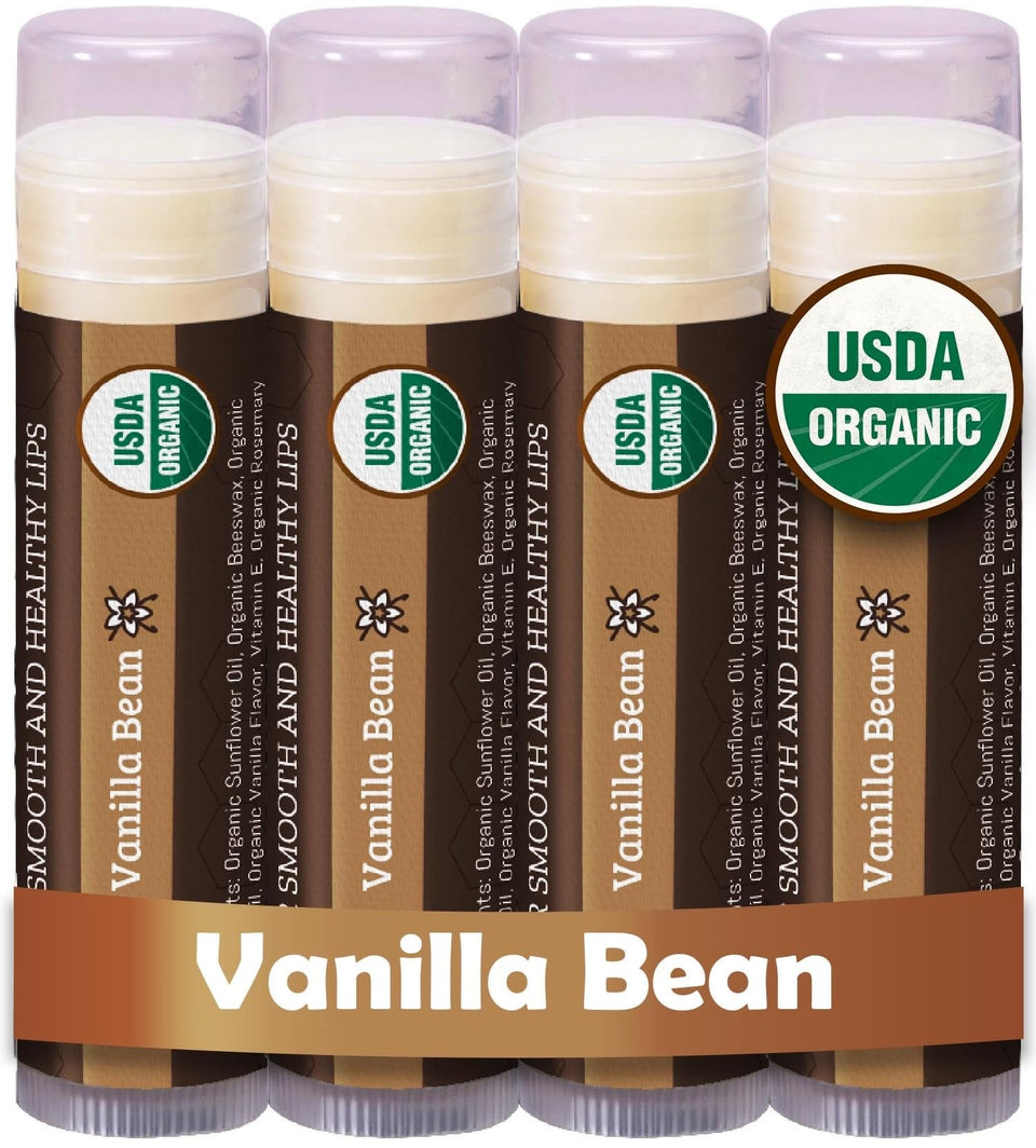 Earth's Daughter front pack showing four vanilla lip balm tubes and organic label benefit