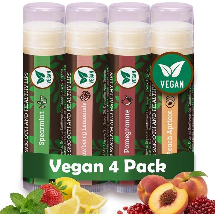 Earth's Daughter front packaging showing four flavored vegan lip balms and benefits