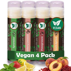 Earth's Daughter front packaging showing four flavored vegan lip balms and benefits