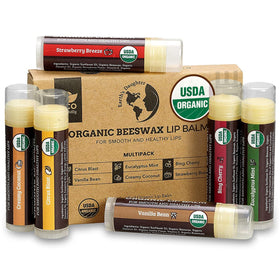 Earth's Daughter front packaging showing six organic lip balms benefits convenience