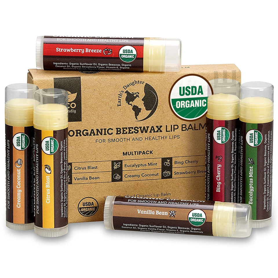 Earth's Daughter front packaging showing six organic lip balms benefits convenience