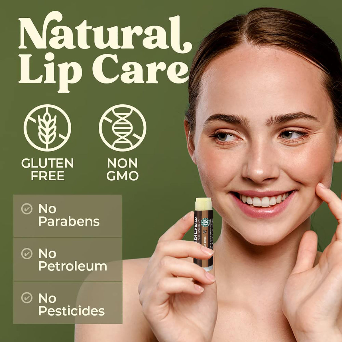 Earth's Daughter lip balm applied on lips demonstrating smooth moisturization