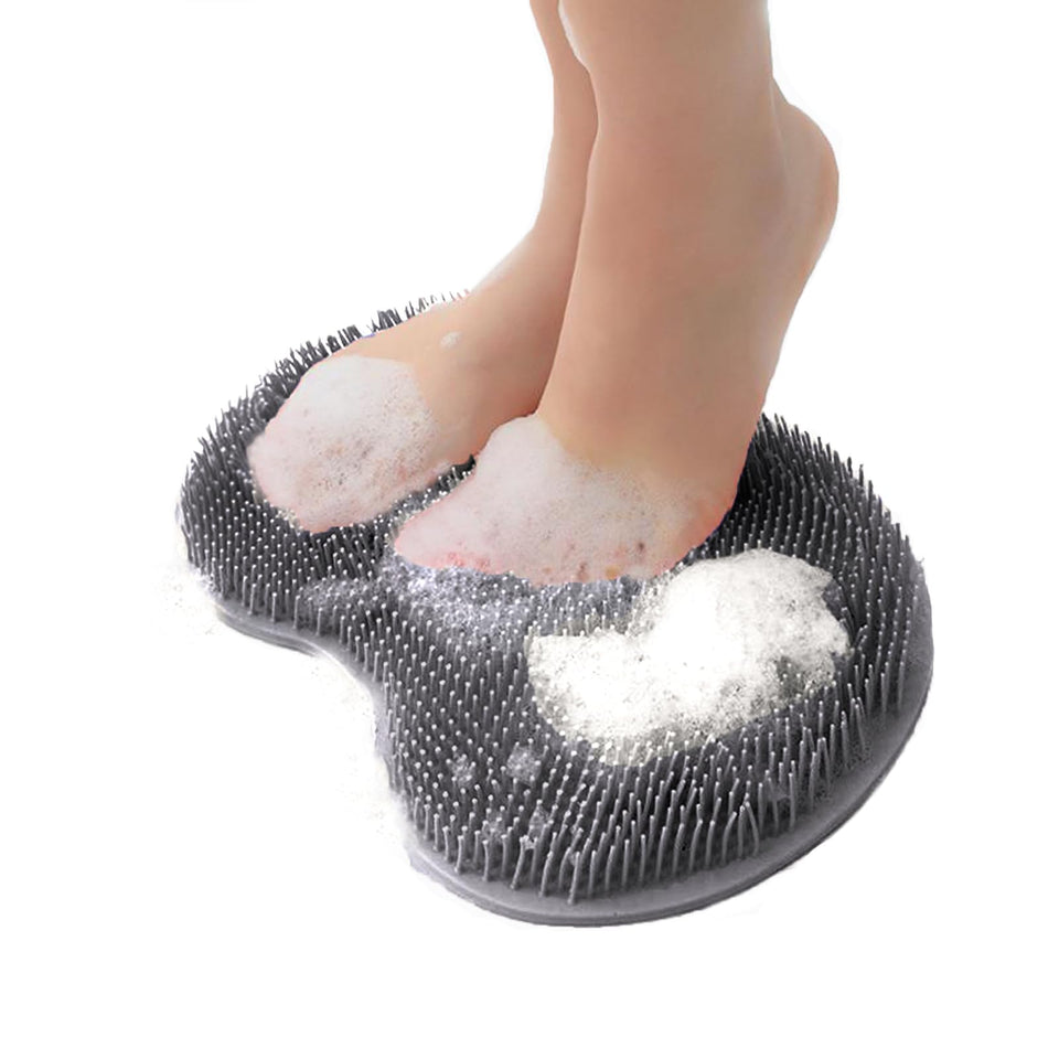 Easkite front view showing grey silicone scrubber and benefits for easy foot cleaning