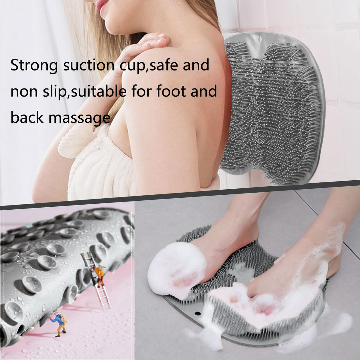 Easkite mounted in shower with a foot using it for hands-free cleaning and massage