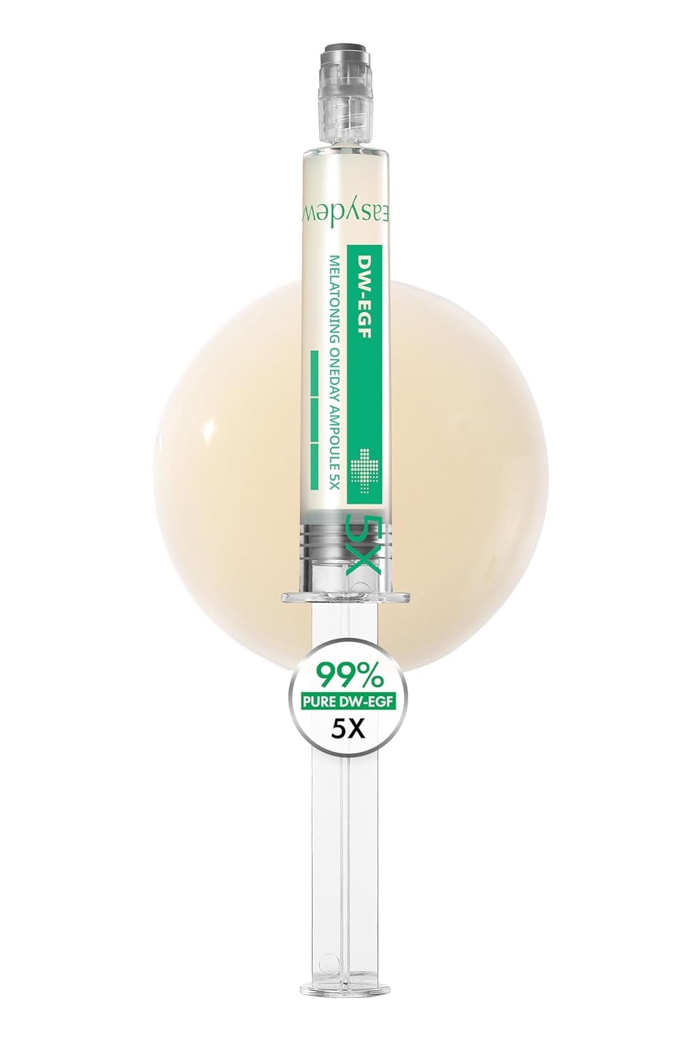 EASYDEW front packaging ampoule showing sleek bottle and pump benefits clarity
