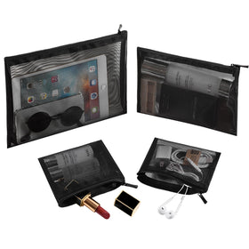 EASYFUN front view of four black mesh pouches showing compact organization benefit