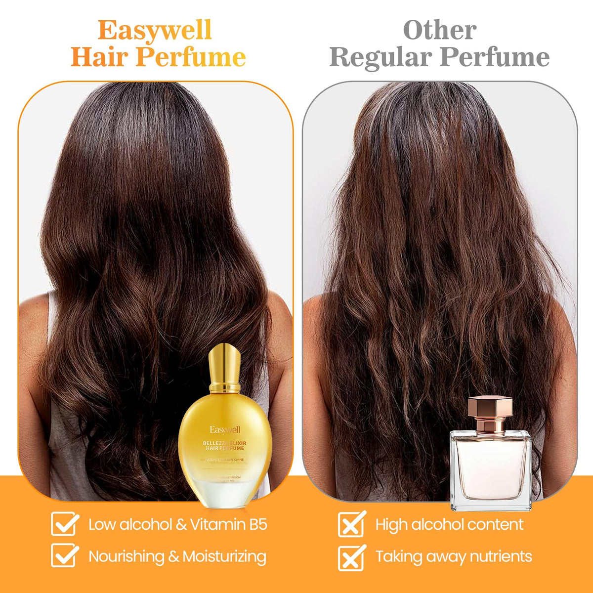 EASYWELL mist on hair strands highlighting smoother, conditioned finish