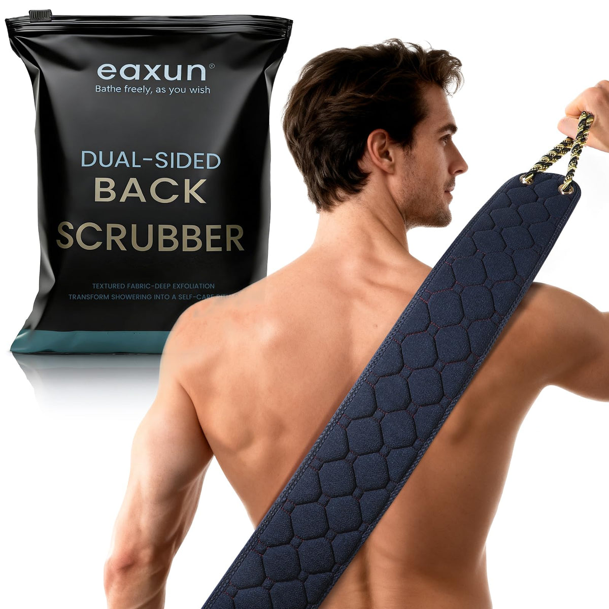 eaxun front view of full 38.5-inch back scrubber showing length and handles for full-back reach
