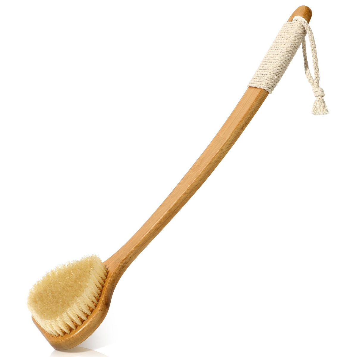 eaxun front view of bamboo back scrubber showing ergonomic curve and full length benefit