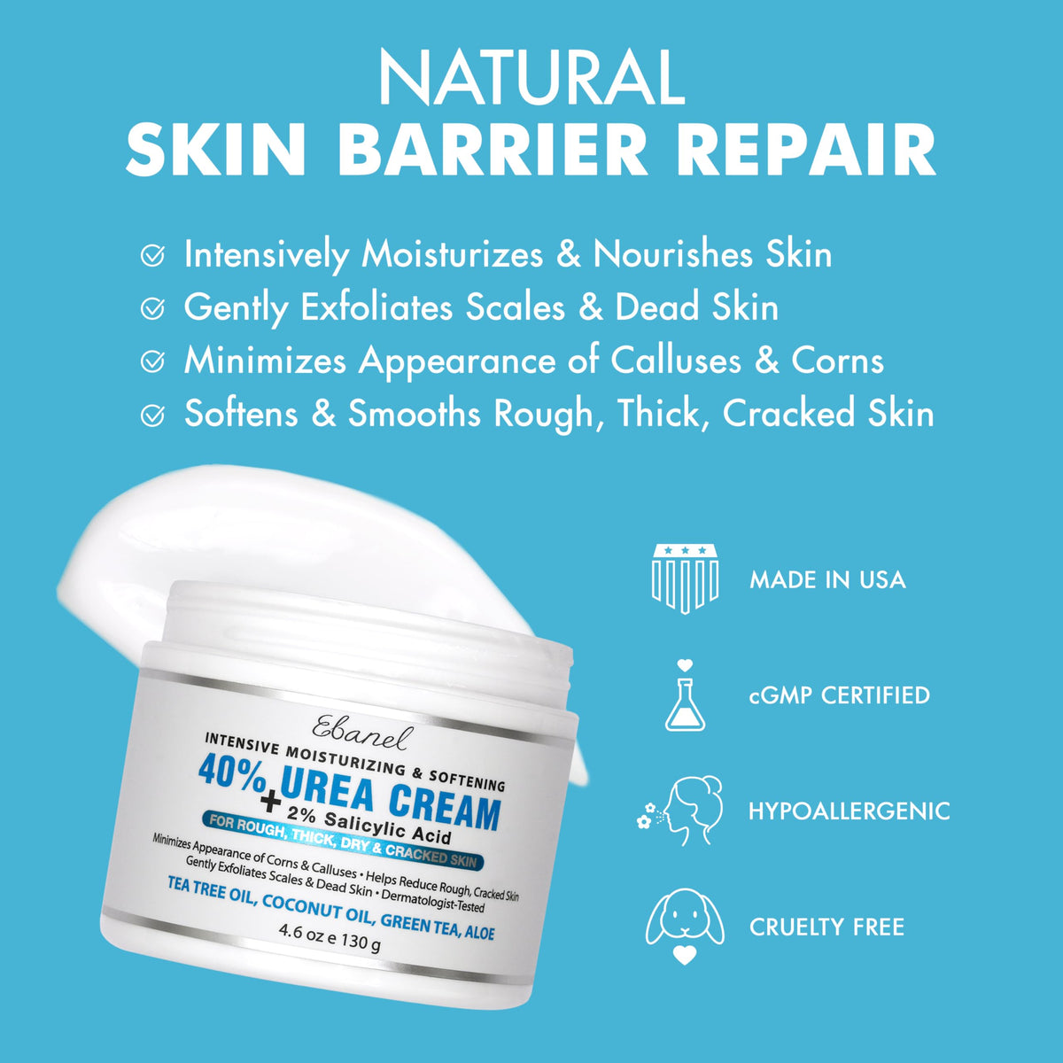 Ebanel ingredients label close-up highlighting urea and salicylic acid