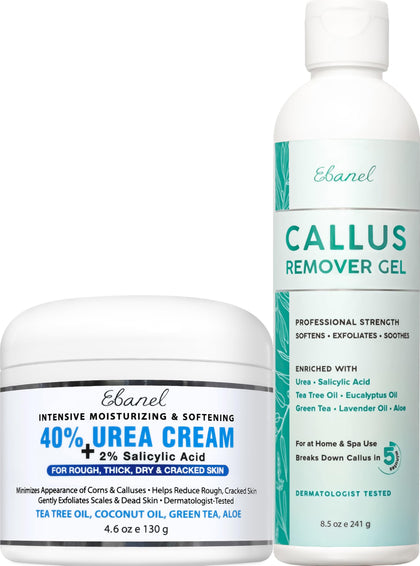 Ebanel front packaging showing full callus remover and urea cream set benefits