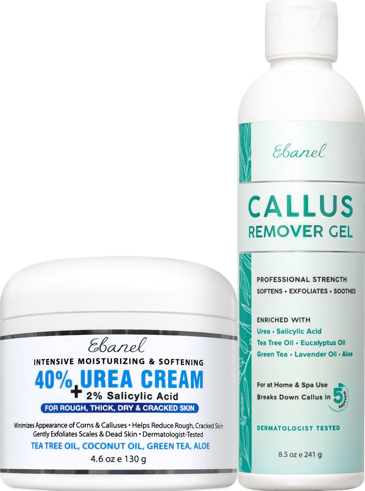 Ebanel front packaging showing full callus remover and urea cream set benefits