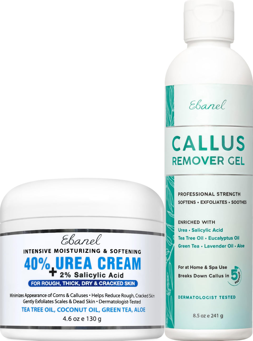 Ebanel front packaging showing full callus remover and urea cream set benefits