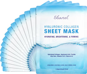 Ebanel front packaging showing 15 collagen sheet masks and quick benefits