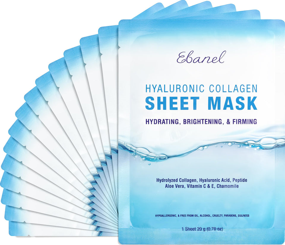 Ebanel front packaging showing 15 collagen sheet masks and quick benefits