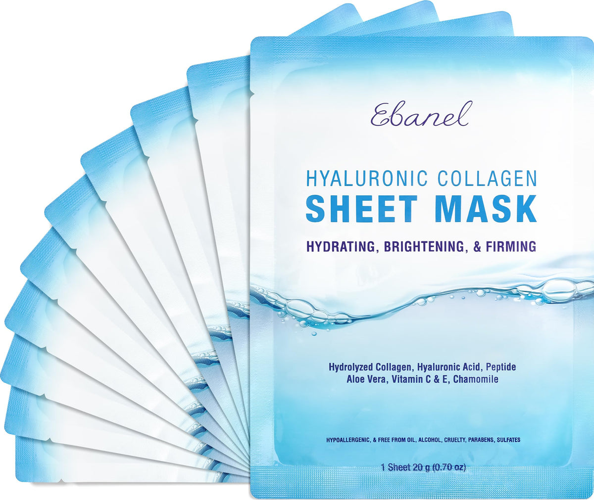 Ebanel front packaging showing 10 collagen sheet masks and benefits